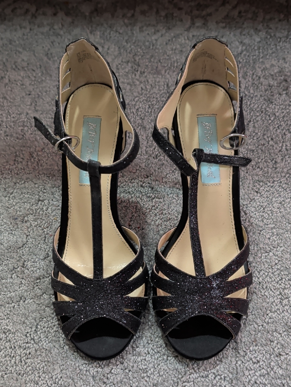 Betsey Johnson Black Glitter T-Strap Heels